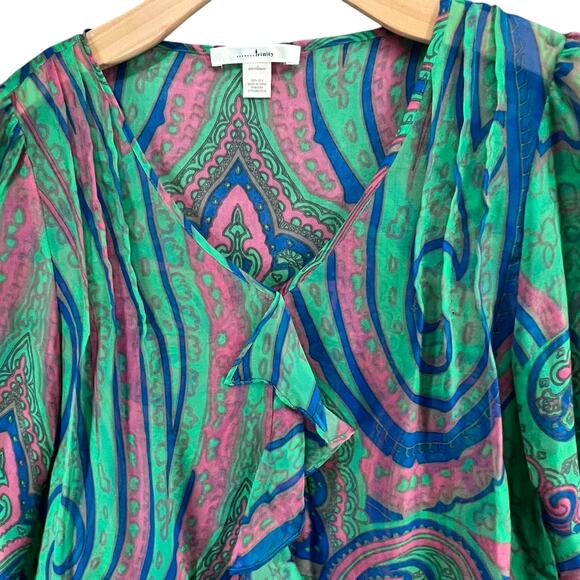 Anthropologie Trinity Blouse M Green Silk Paisley Sheer Ruffle Forest Fairy Top - Picture 3 of 13